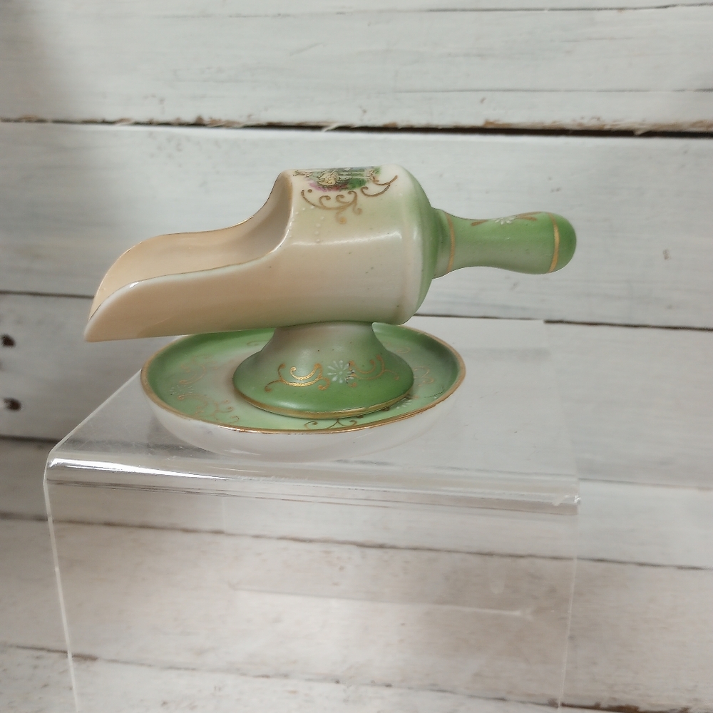Vintage Green Floral Porcelain Hand Painted Footed Spice Scoop Plate Cottagecore